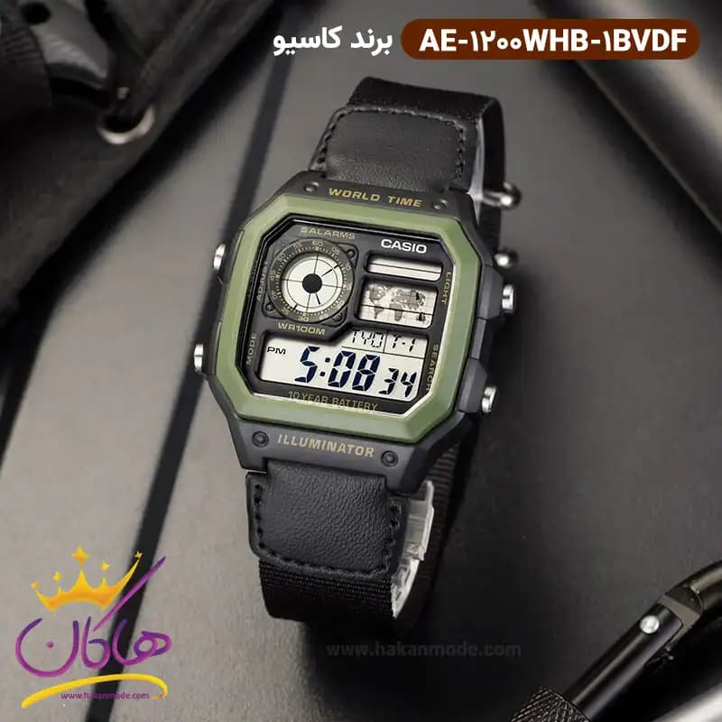 ساعت کاسیو مردانه بند برزنت مشکی دیجیتالی AE-1200WHB-1BVDF — تصویر ۲