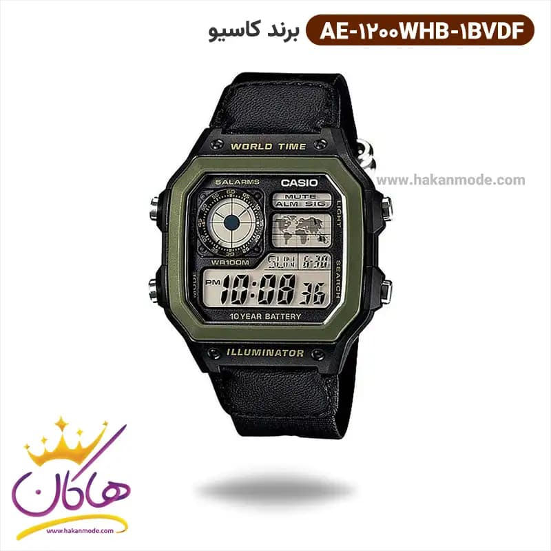 ساعت کاسیو مردانه بند برزنت مشکی دیجیتالی AE-1200WHB-1BVDF