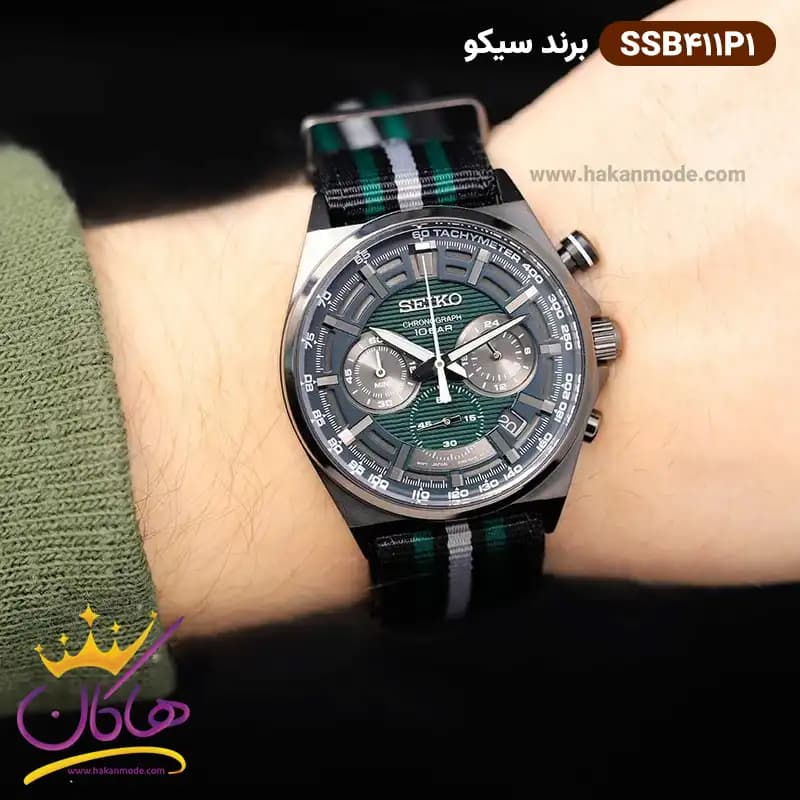 ساعت سیکو مردانه بند برزنت مشکی سبز کرنوگراف SSB411P1 — تصویر ۲