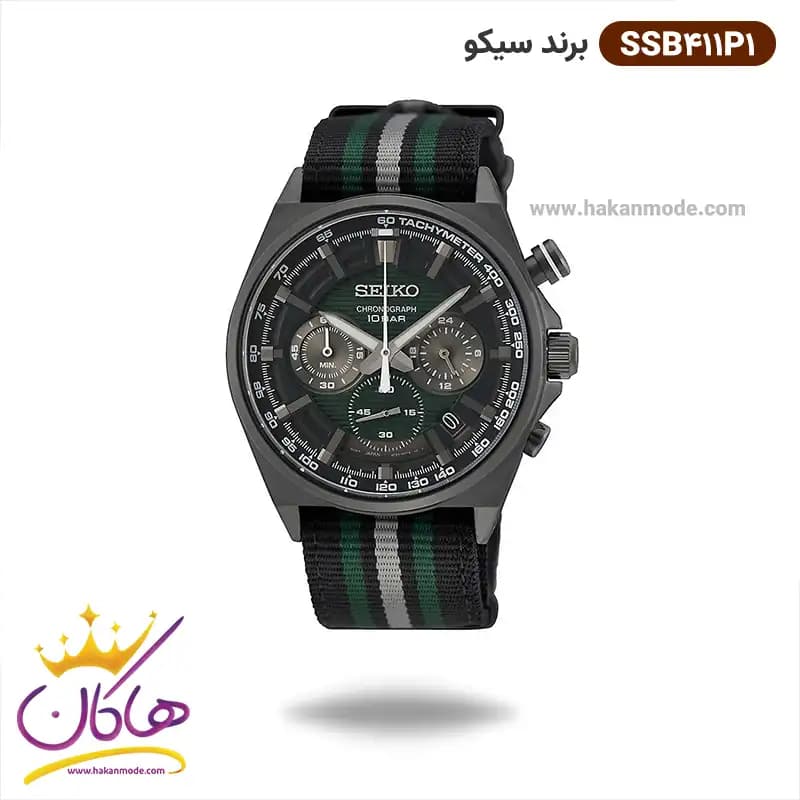 ساعت سیکو مردانه بند برزنت مشکی سبز کرنوگراف SSB411P1