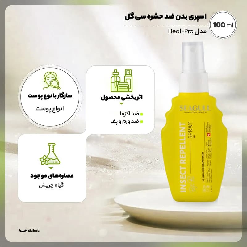 اسپری بدن ضد حشره سی‌گل مدل Heal-Pro حجم 100 میلی‌لیتر مناسب انواع پوست، حاوی اسید آمینه بتاآلامین، ضد اگزما، ضد ورم و پف، محافظت پوست بانوان و آقایان، ساخت ایران — تصویر ۳