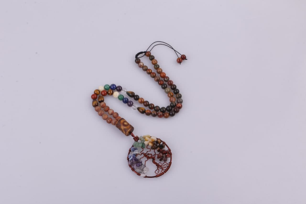 گردنبند جاسپر سرخپوستی و عقیق بودایی به همراه مدال درخت زندگی هفت چاکرا (G.155)
