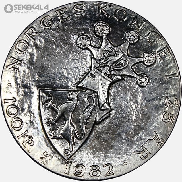 سکه 100 کرون نقره یادبودی کمیاب نروژ 1982 (PROOF) (بیست و پنجمین سالگرد سلطنت شاه اولاف پنجم) — تصویر ۲