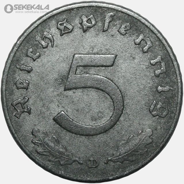 سکه 5 رایش فنیگ کمیاب آلمان نازی 1941 D — تصویر ۲