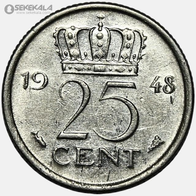 سکه 25 سنت هلند 1948 (ملکه ویلهلمینا) (AU) — تصویر ۲