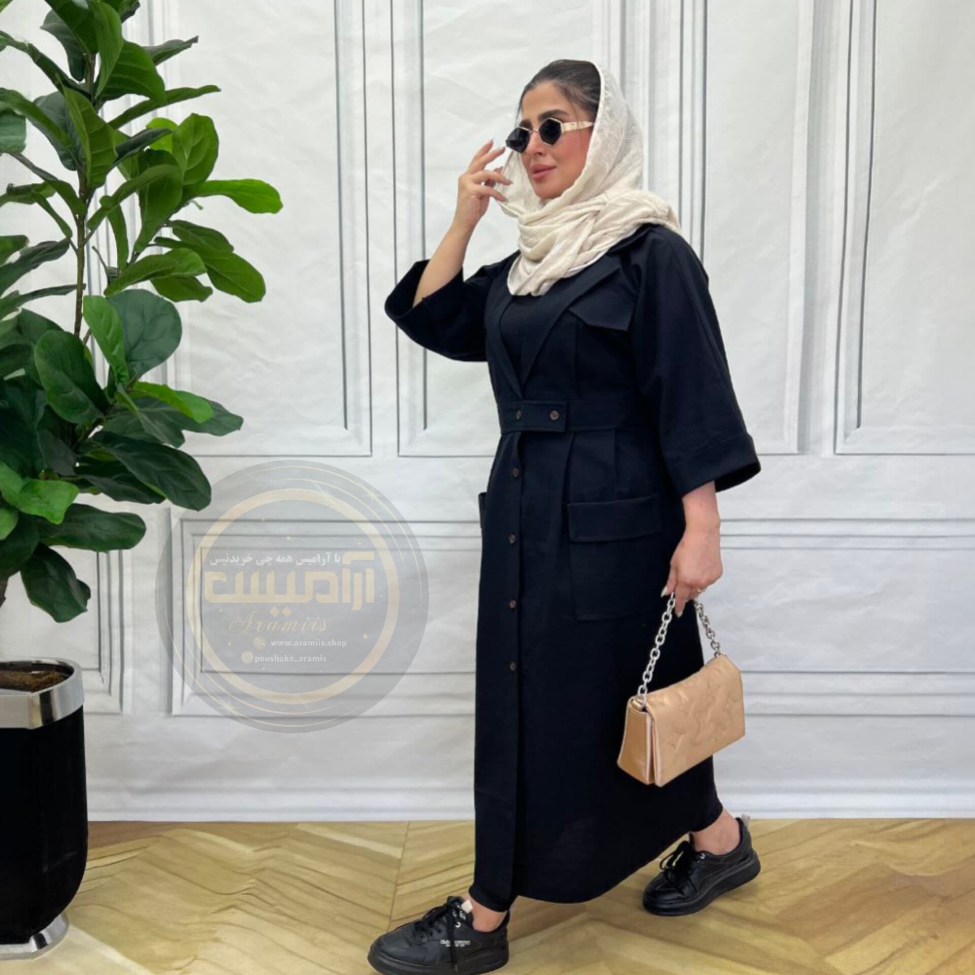 مانتو بلند لینن مشکی هلما — تصویر ۲