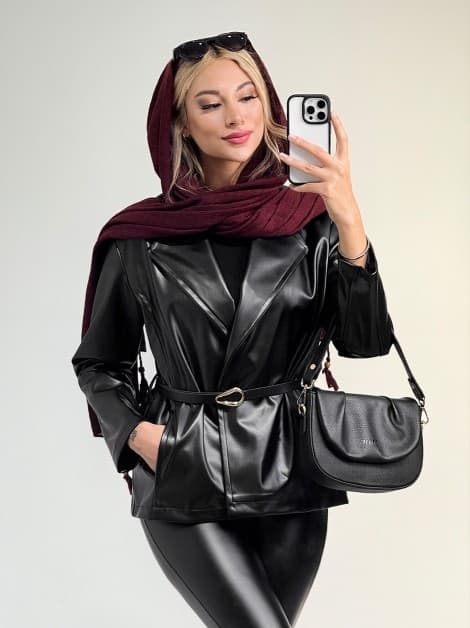 کت چرم زنانه کمربندار مشکی