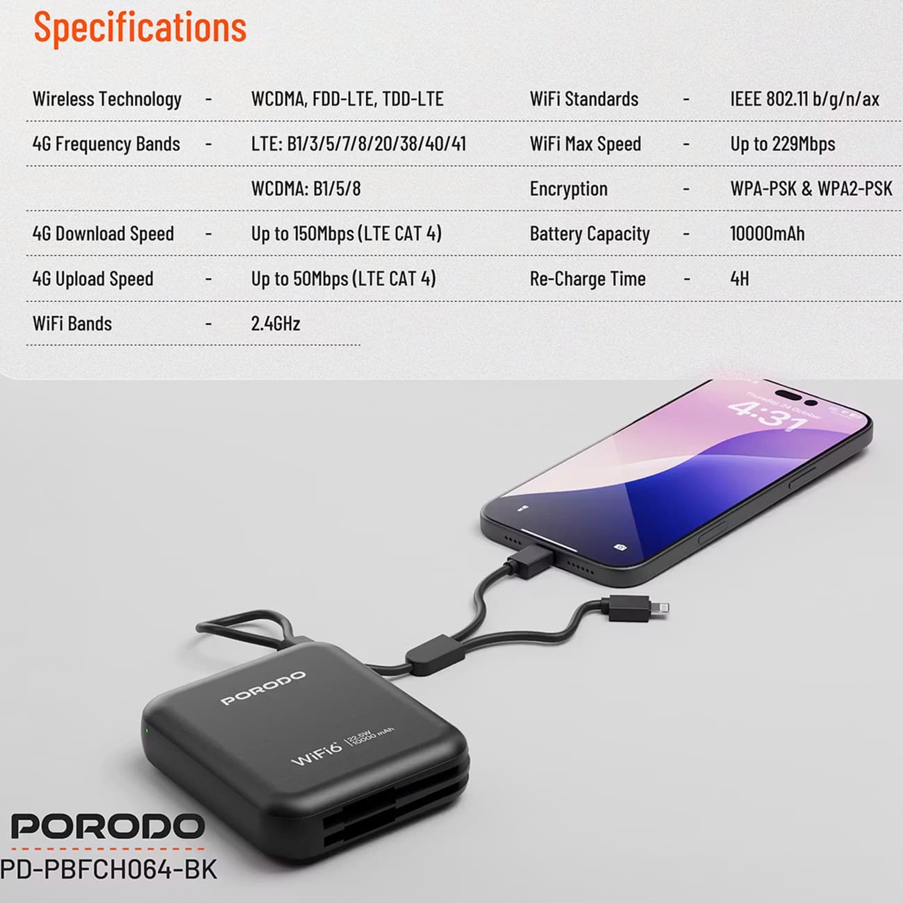 مودم همراه 4G LTE و پاوربانک 10000 میلیآمپرساعت پورودو مدل Porodo PD-PBFCH064-BK — تصویر ۳