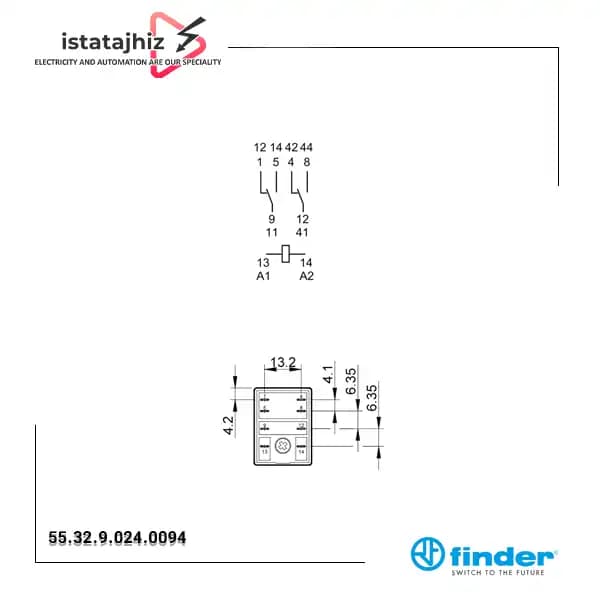 رله شیشه‌ای فیندر 8 پایه 2 کنتاکت 24 ولت DC مدل 55.32.9.024.0094 — تصویر ۲