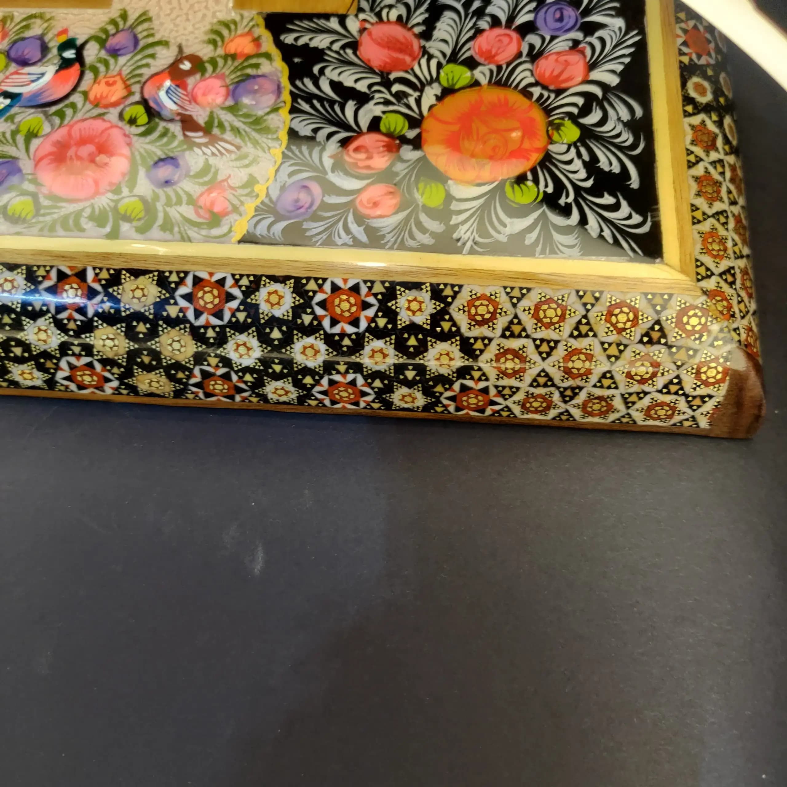 تخته نرد دست ساز گردو خاتم و پرداز گل مرغ برجسته اقتصادی با ضربه گیر بینظیر — تصویر ۸