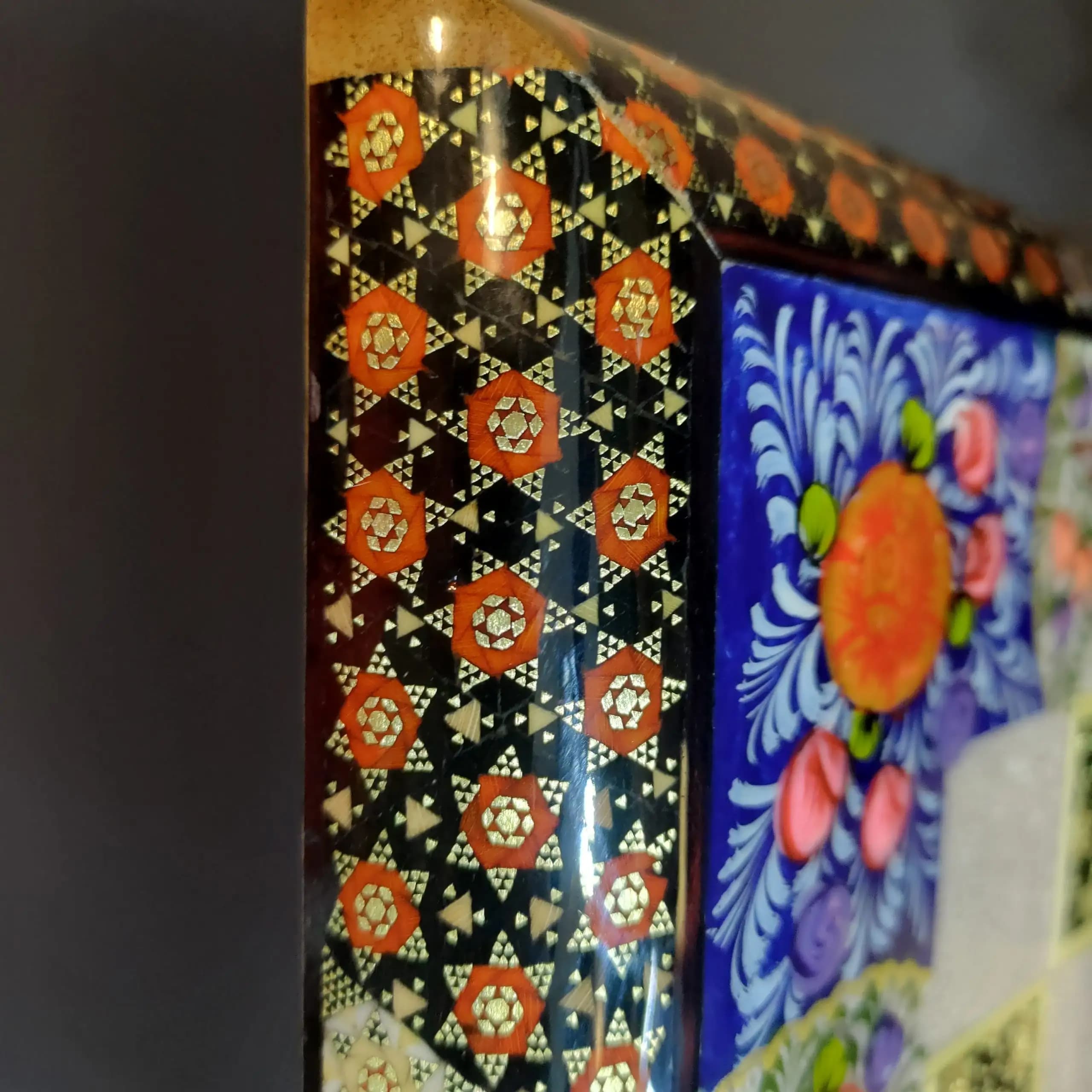 تخته نرد دست ساز گردو خاتم و پرداز گل مرغ برجسته اقتصادی آبی — تصویر ۳