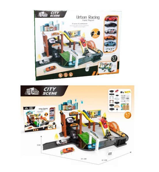 پارکینگ طبقاتی ناب سل بهمراه ست 6 عددی ماشین اسباب بازی مدل City Scene urban racing track playset