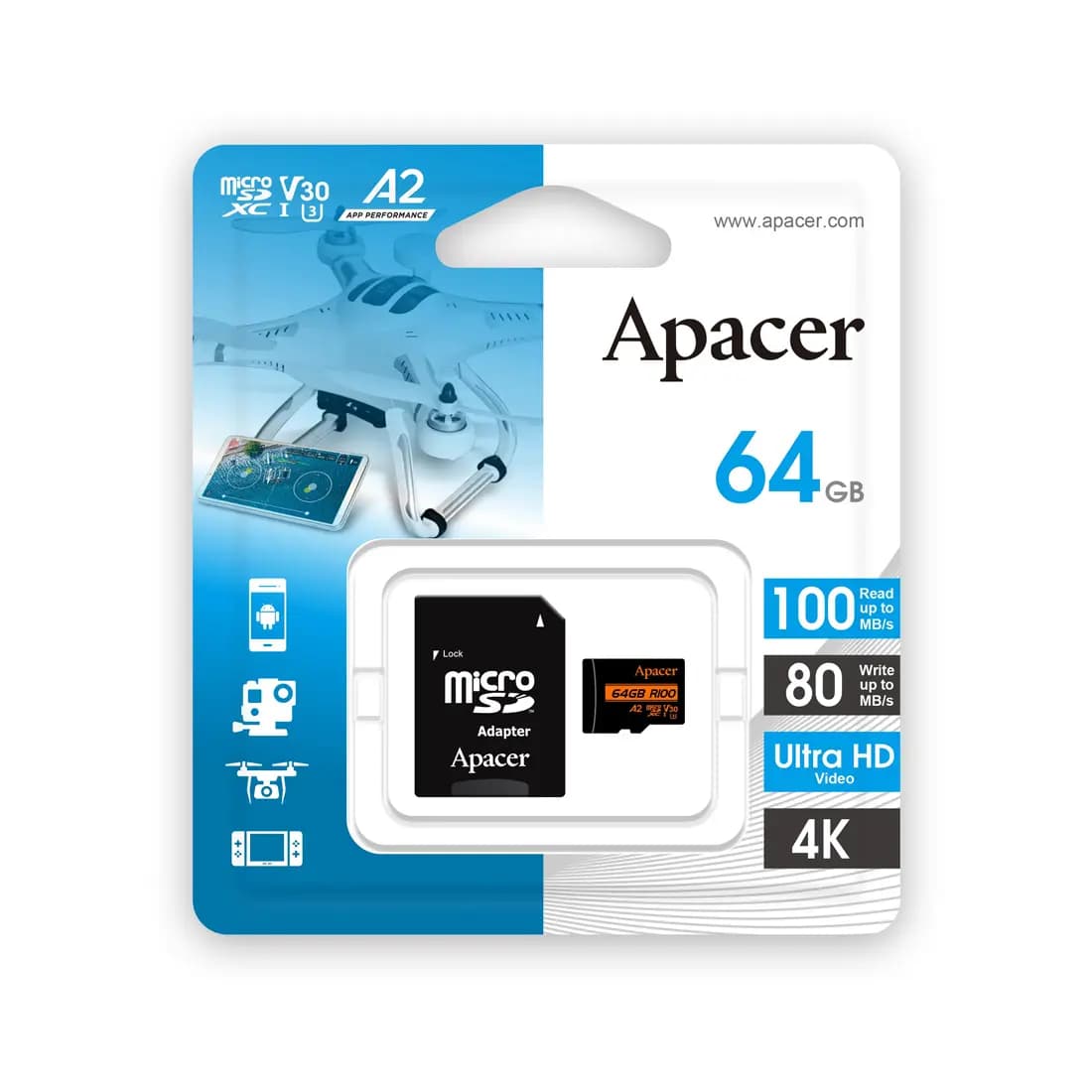 کارت حافظه اپیسر مدل Apacer Micro R100 A2 V30 U3 ظرفیت 64 گیگابایت