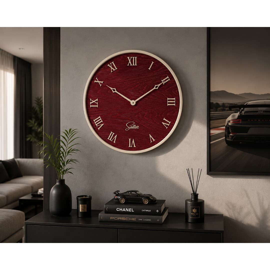 ساعت دیواری قرمز با چوب روس و قاب کرمی فیلبندشاپ مدل 835681 — تصویر ۲