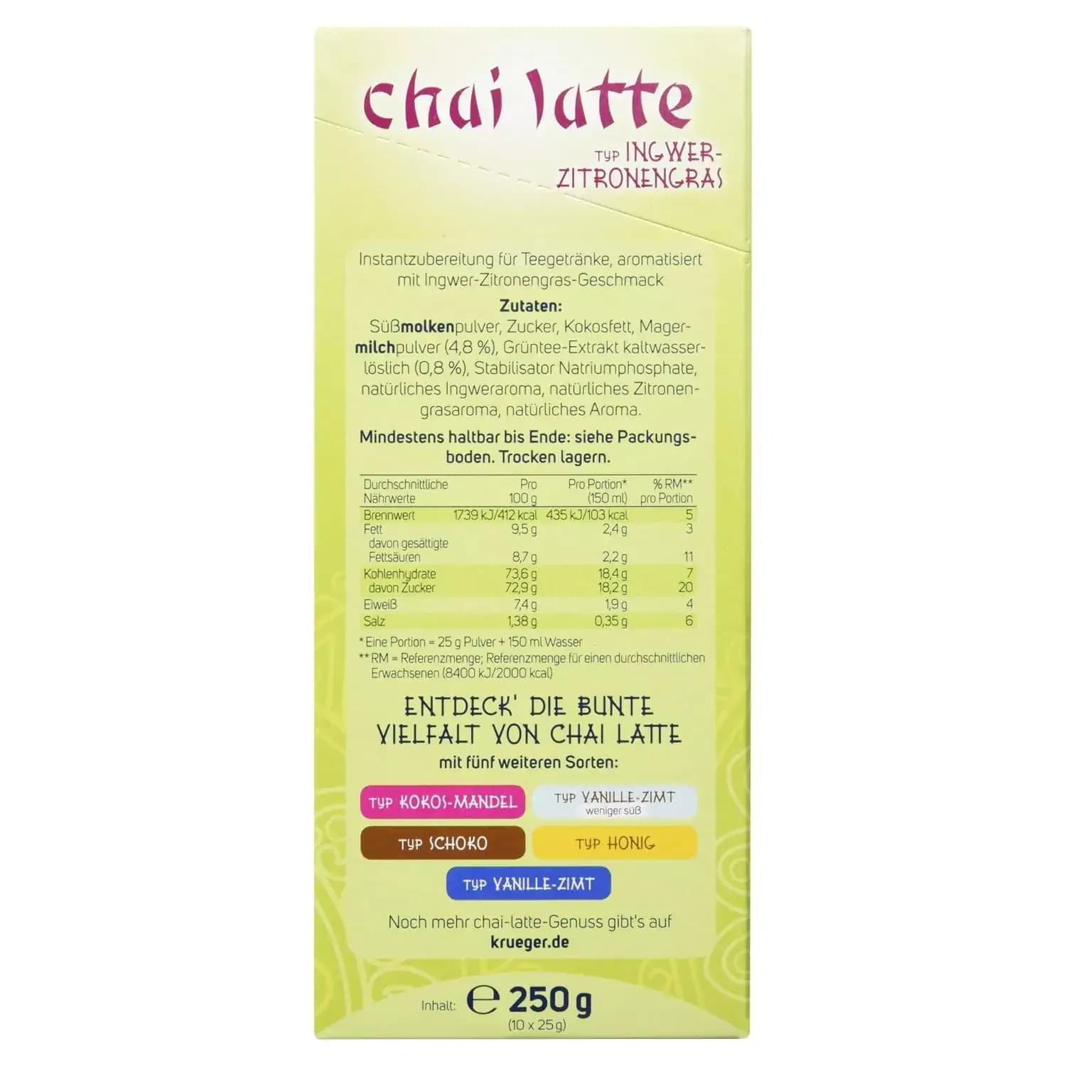 چای لاته کروگر با طعم زنجبیل و علف لیمو 10عددی (250 گرم) Kruger Chai Latte Ginger-Lemongrass — تصویر ۳