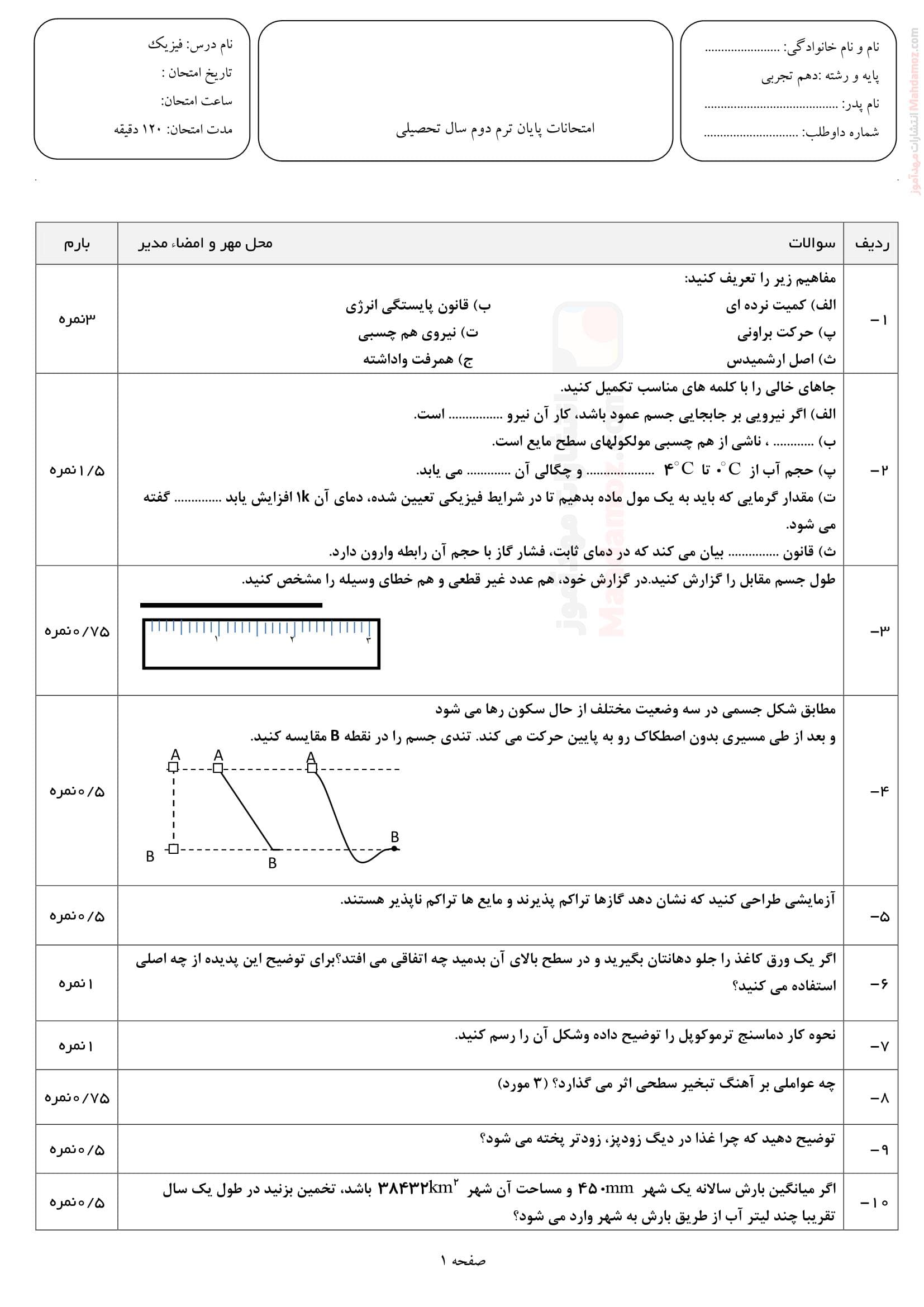 ارزشیابی پایانی فیزیک نوبت دوم نهایی علوم تجربی دهم | با جواب