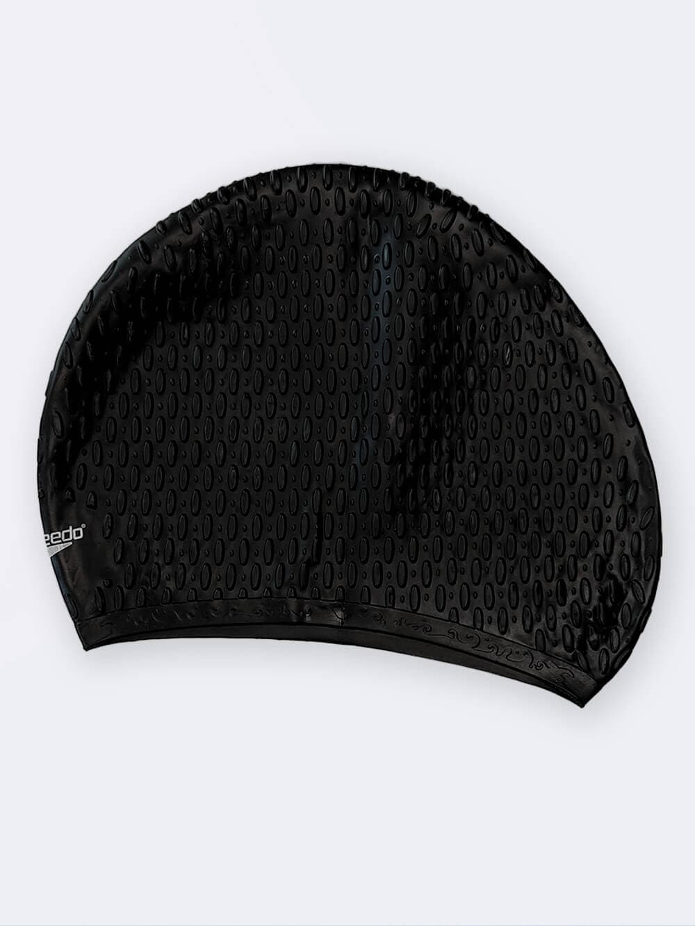 کلاه استخر شنا مشکی زنانه و مردانه سیلیکونی مناسب برای مو های بلند بانوان اسپیدو ( Speedo ) طرح پفکی — تصویر ۲