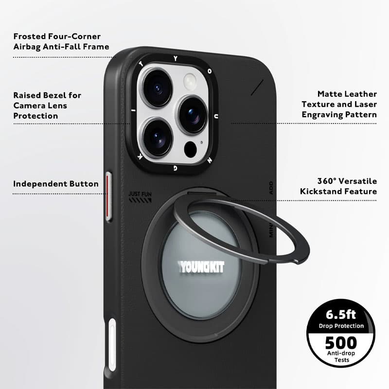 قاب آیفون 16 پرو مکس یانگ کیت Leather 360° Spin Magnetic Stand — تصویر ۳