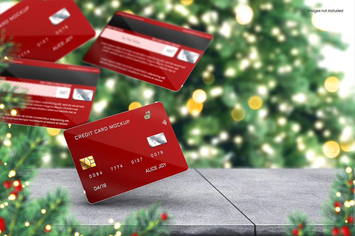 موکاپ کارت اعتباری با تم کریسمس روی میز چوبی — تصویر ۶