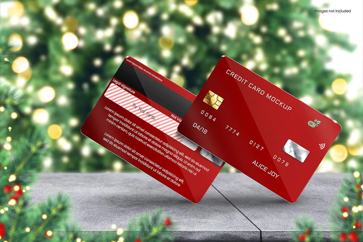 موکاپ کارت اعتباری با تم کریسمس روی میز چوبی — تصویر ۸
