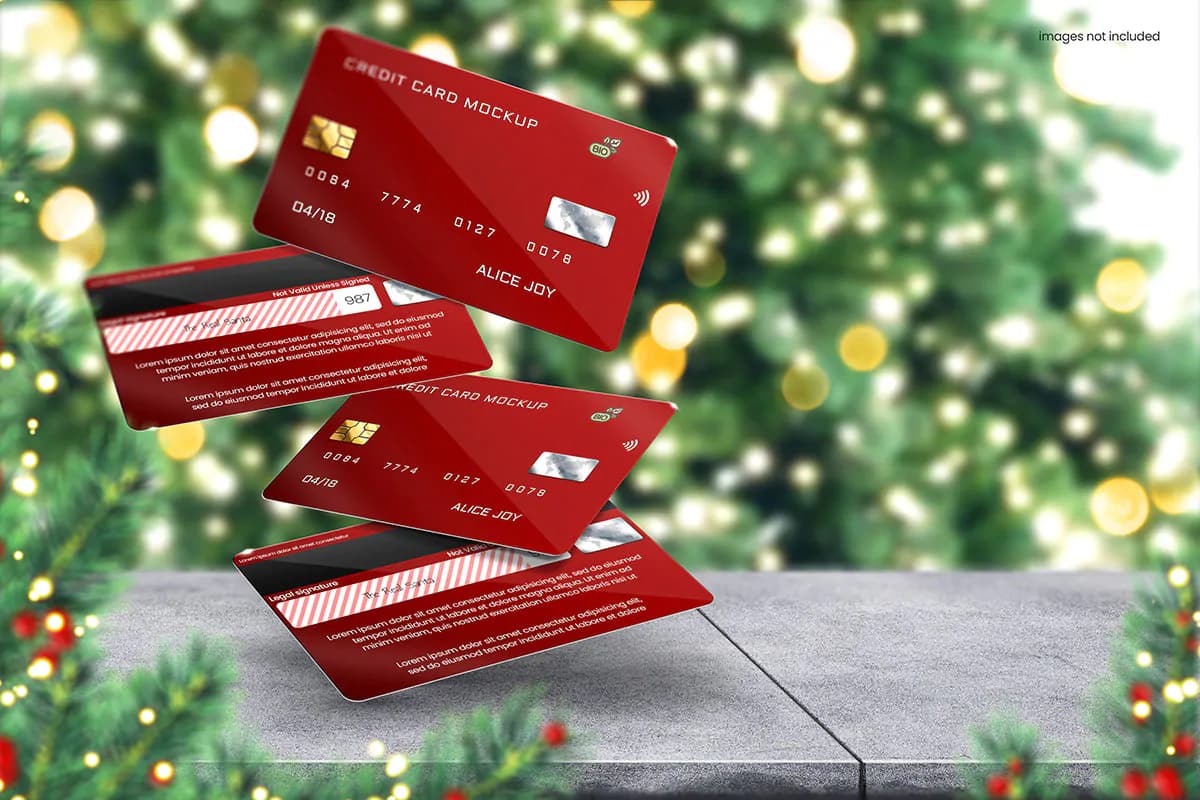موکاپ کارت اعتباری با تم کریسمس روی میز چوبی — تصویر ۳