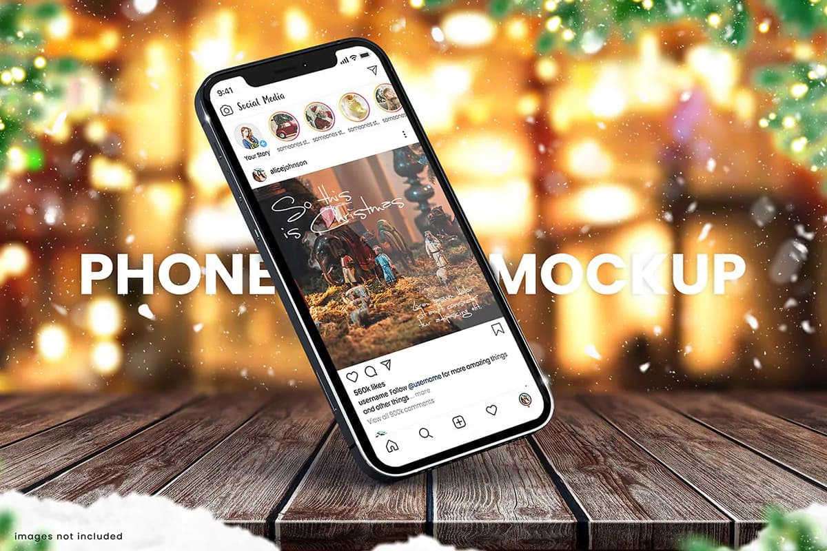 موکاپ موبایل در کریسمس و زمستان روی میز چوبی — تصویر ۴
