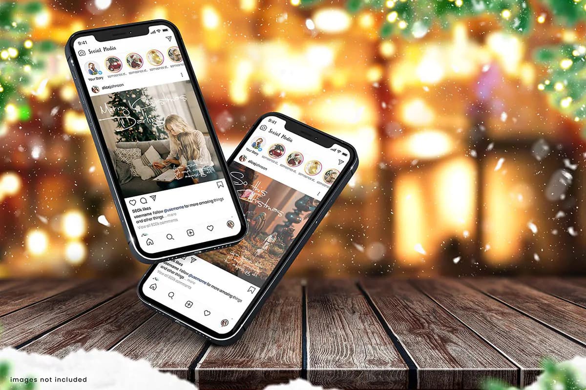 موکاپ موبایل در کریسمس و زمستان روی میز چوبی — تصویر ۸