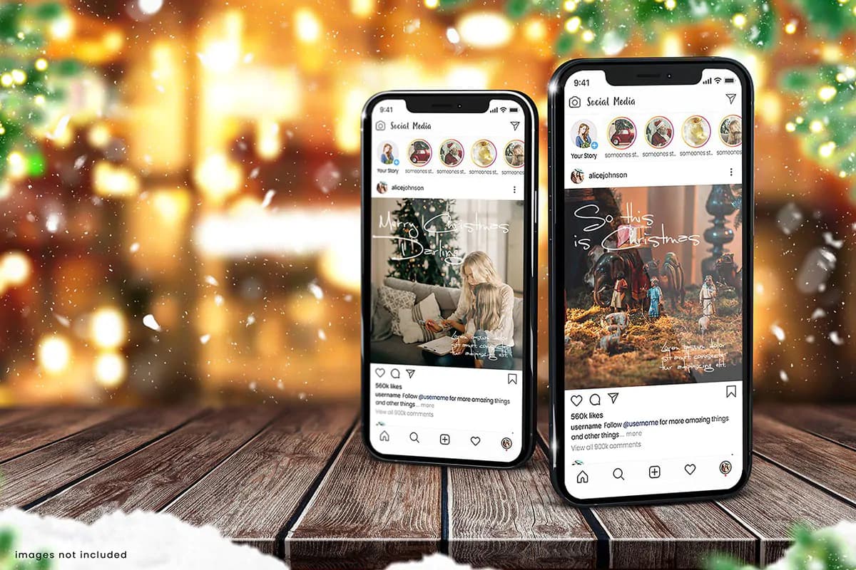 موکاپ موبایل در کریسمس و زمستان روی میز چوبی — تصویر ۳