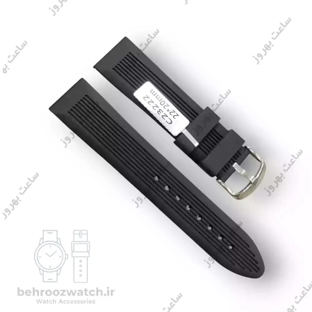 بند ساعت سیلیکونی مشکی مدل C23222 سایز ۲۲ میلی‌متر — تصویر ۴
