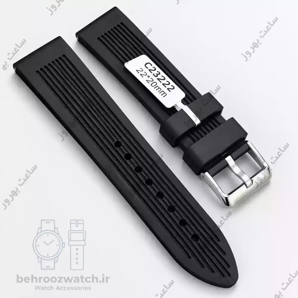 بند ساعت سیلیکونی مشکی مدل C23222 سایز ۲۲ میلیمتر