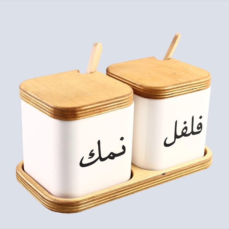 جا ادویه سرامیکی 2 عددی با کفه چوبی کارولین