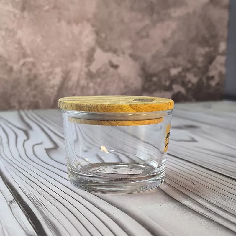 ظرف شیشه ای گرد 190 درب چوبی لیمون — تصویر ۲
