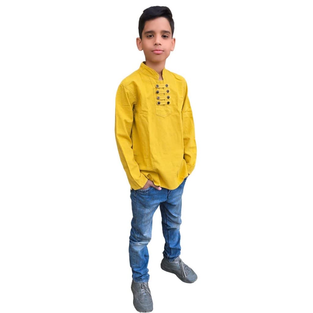 پیراهن نوجوان الیاف طبیعی 8 دکمه کساء (سبز خردلی)