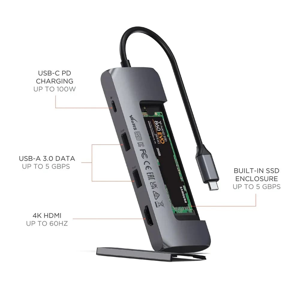 هاب ۴ پورت ساتچی مدل Satechi 4in1 USB-C Hybrid W/SS Enclosure رنگ طوسی — تصویر ۳