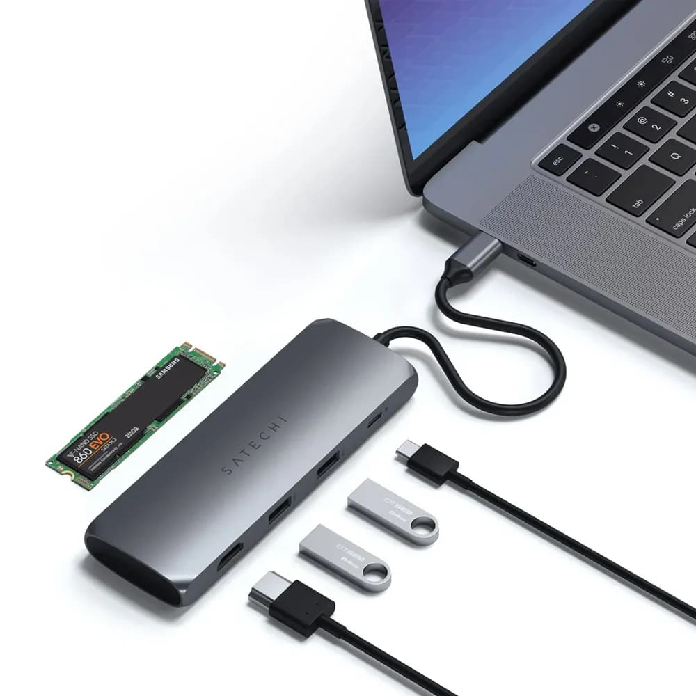 هاب ۴ پورت ساتچی مدل Satechi 4in1 USB-C Hybrid W/SS Enclosure رنگ طوسی — تصویر ۴