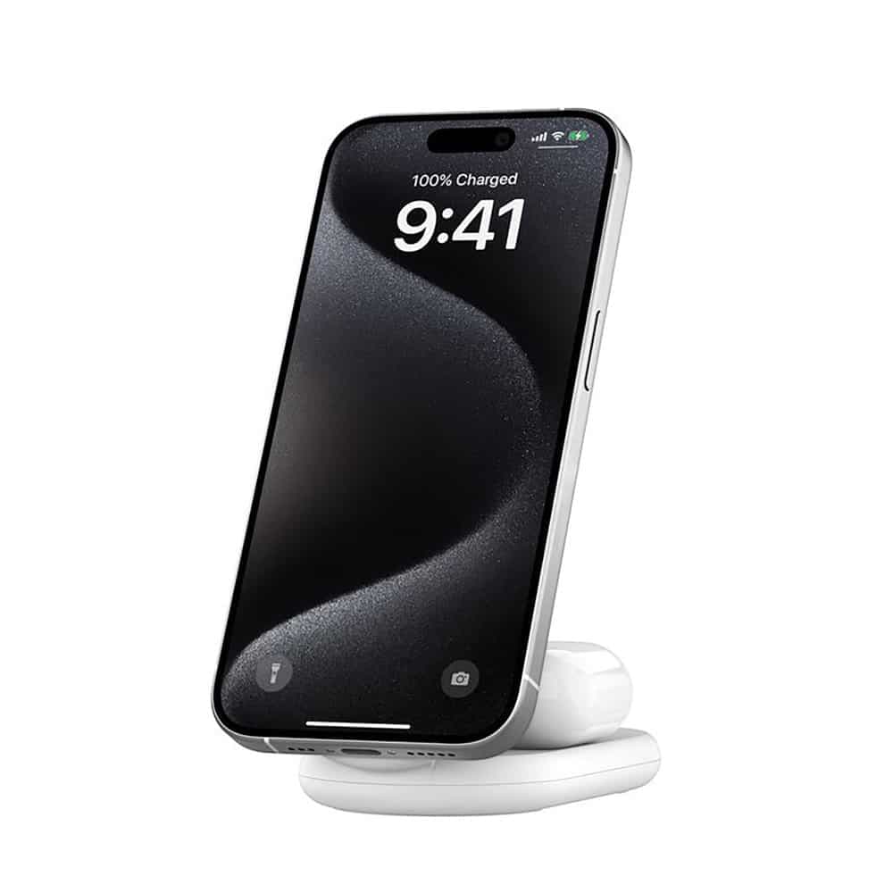 استند و شارژر وایرلس مگ سیف بلکین Belkin Boost Charge 2 in 1 Magnetic Foldable charger توان 15 وات