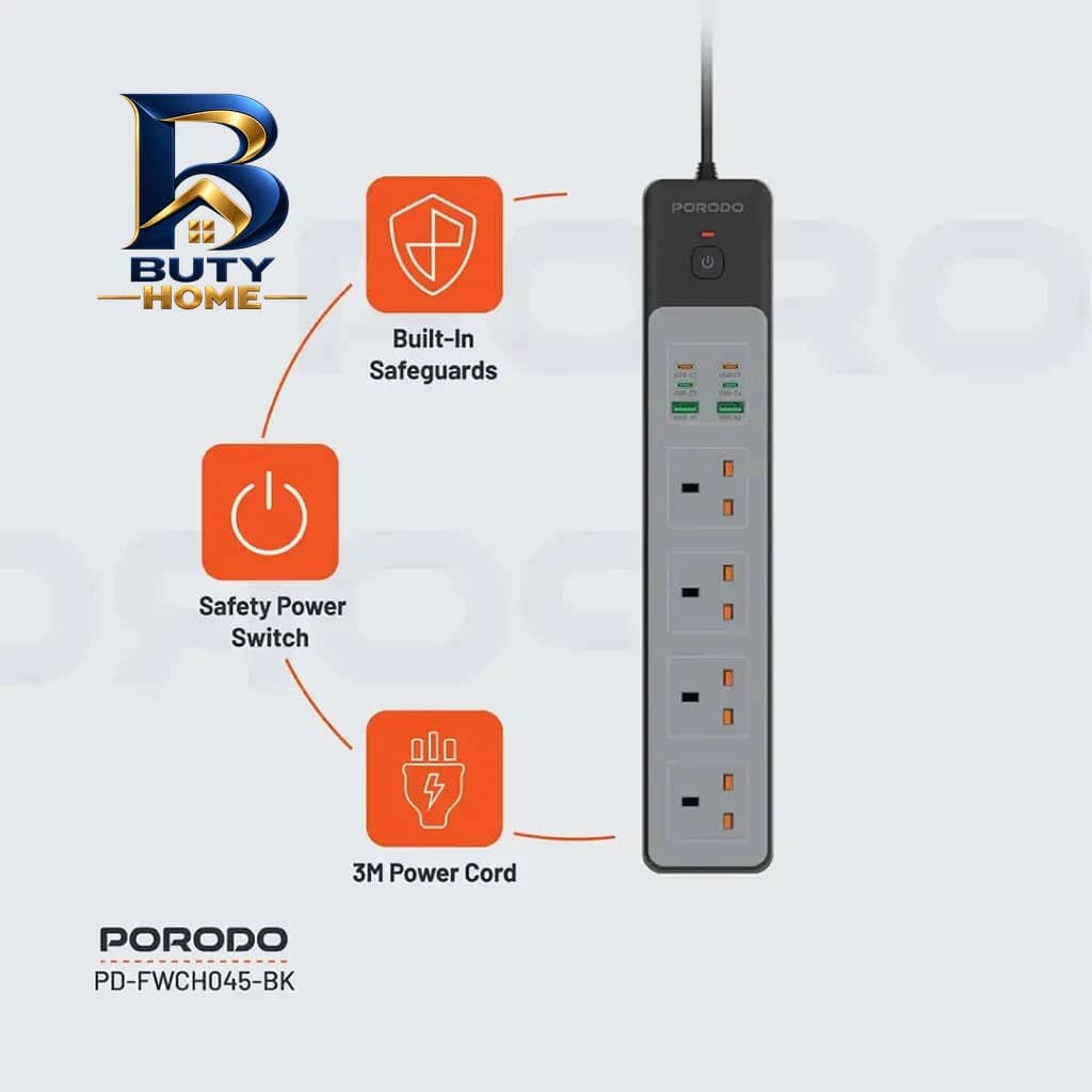 محافظ شوک الکتریکی و چند راهی برق پرودو مدل PD-FWCHO۴۵-BK-۶۵W اصل — تصویر ۵