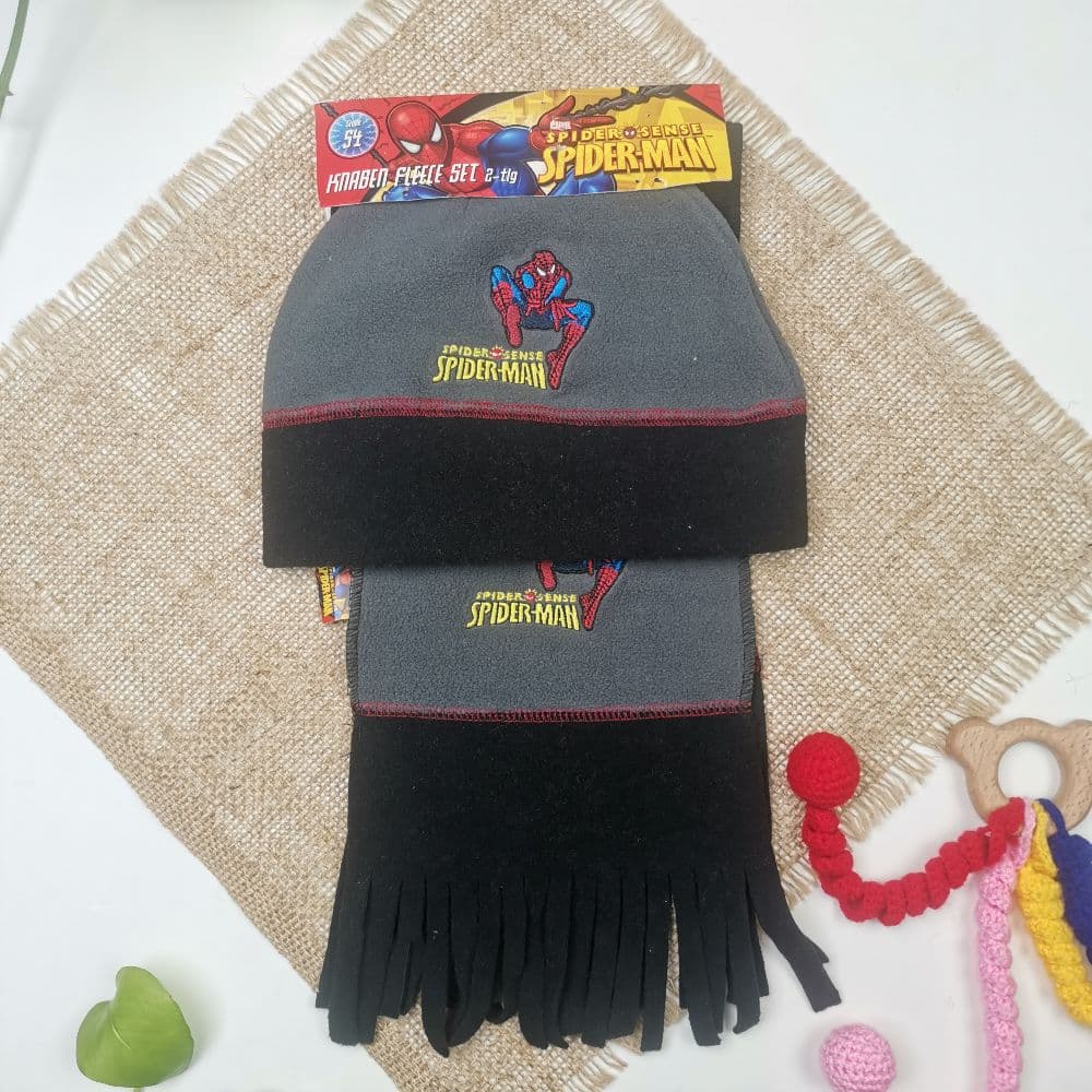 ست کلاه و شال گردن پسرانه برند مارول طرح مرد عنکبوتی طوسی رنگ – 2 تا 4 سال