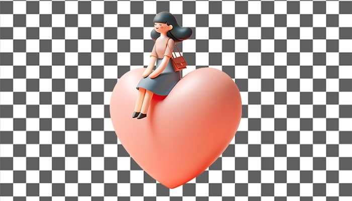 تصویر PNG کاراکتر سه بعدی زن جوان نشسته روی قلب