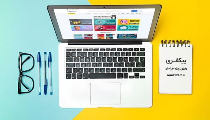 فایل لایه باز نمای بالا موکاپ لپ تاپ و دفترچه