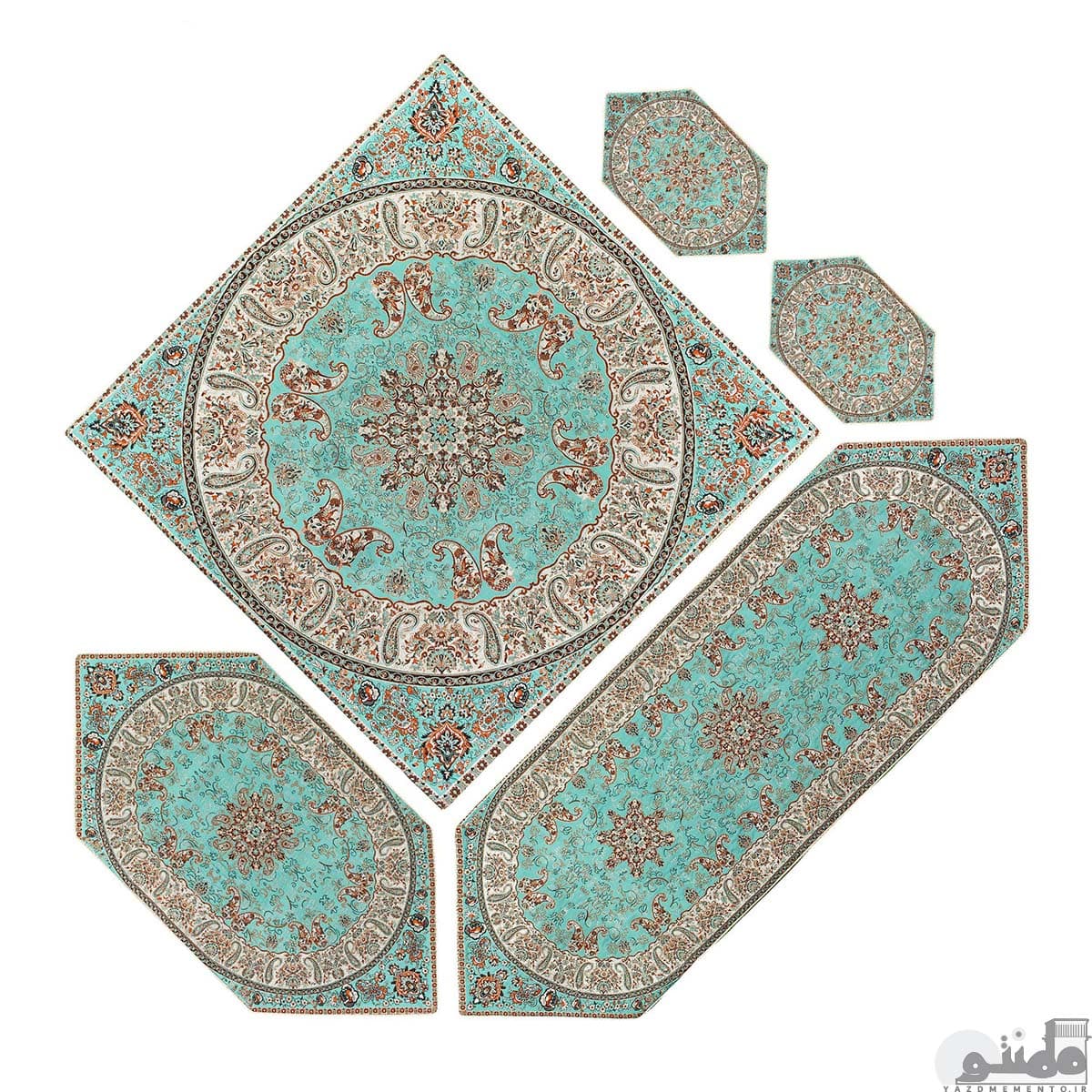 سرویس کامل رومیزی ترمه طرح شاهسوند رنگ سبز آبی