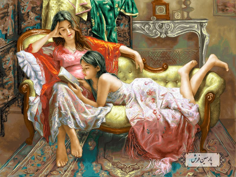 نخ و نقشه تابلو فرش طرح خواهران کتاب خوان- کد NF2112