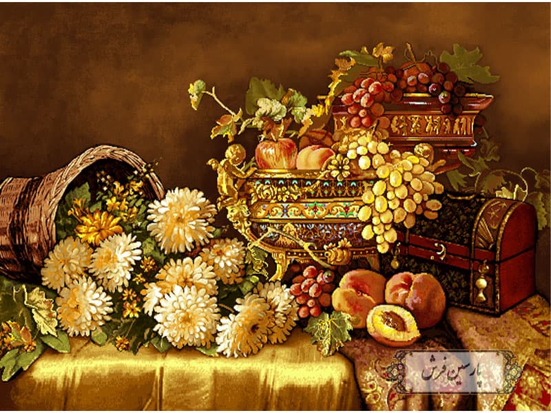 نخ و نقشه تابلو فرش طرح گل و میوه-کد NG1408