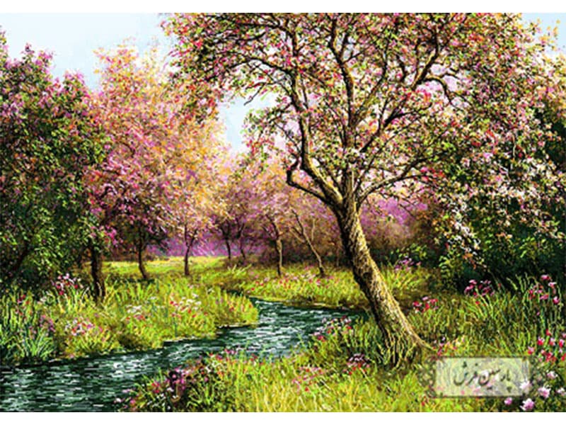 نخ و نقشه تابلو فرش طرح درخت و رودخانه – کد NV701