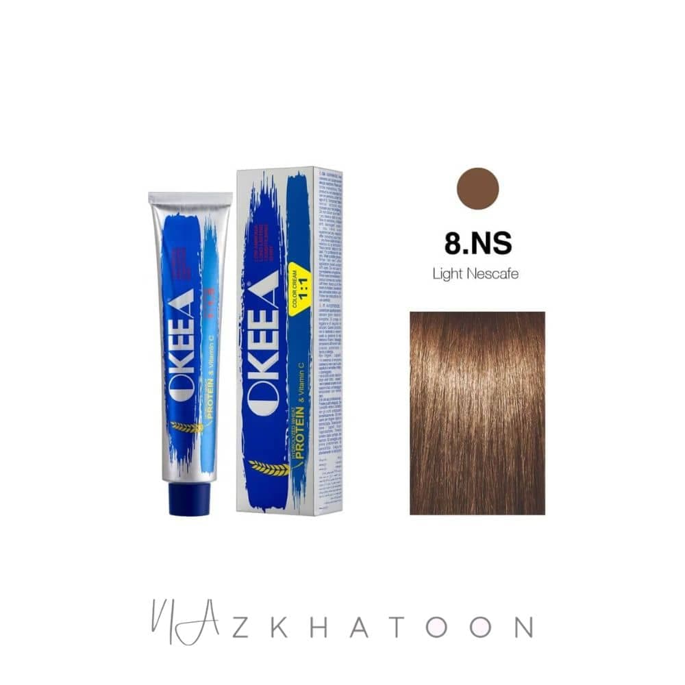 رنگ مو 100میل اکیا OKEEA سری CAFFE LATTE شماره 8NS نسکافه ای روشن