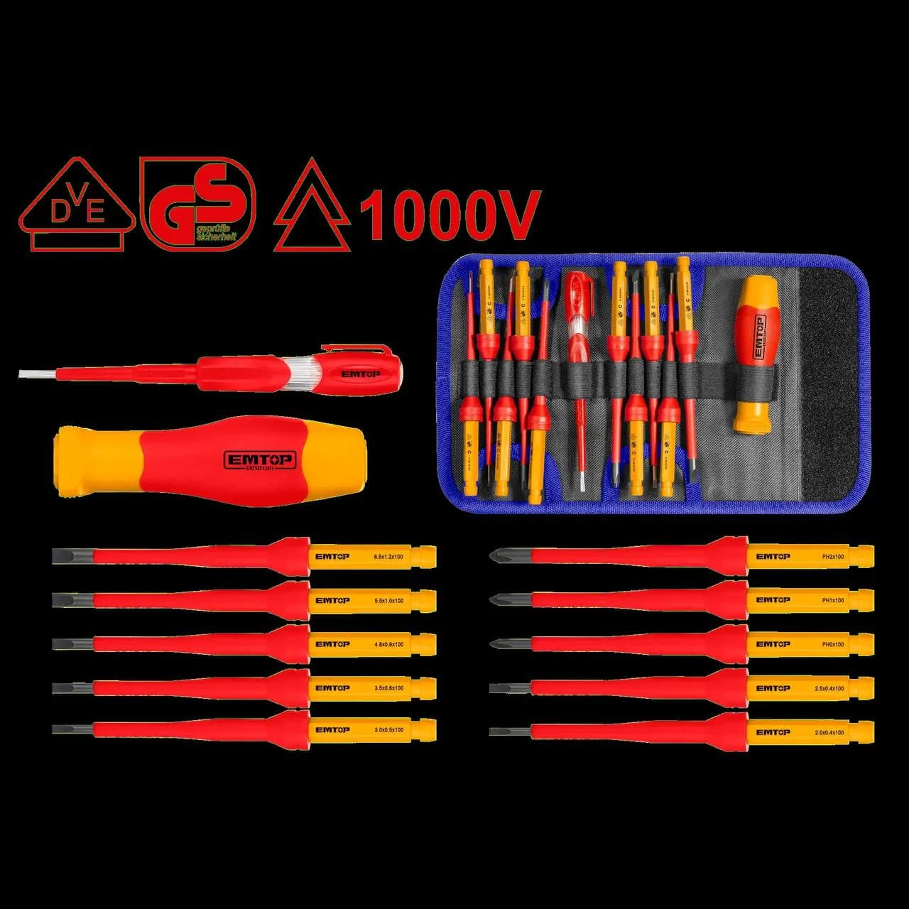 ست پیچ‌گوشتی عایق EMTOP مدل EKISD1201 | مجموعه ۱۲ عددی ۱۰۰۰ ولت VDE