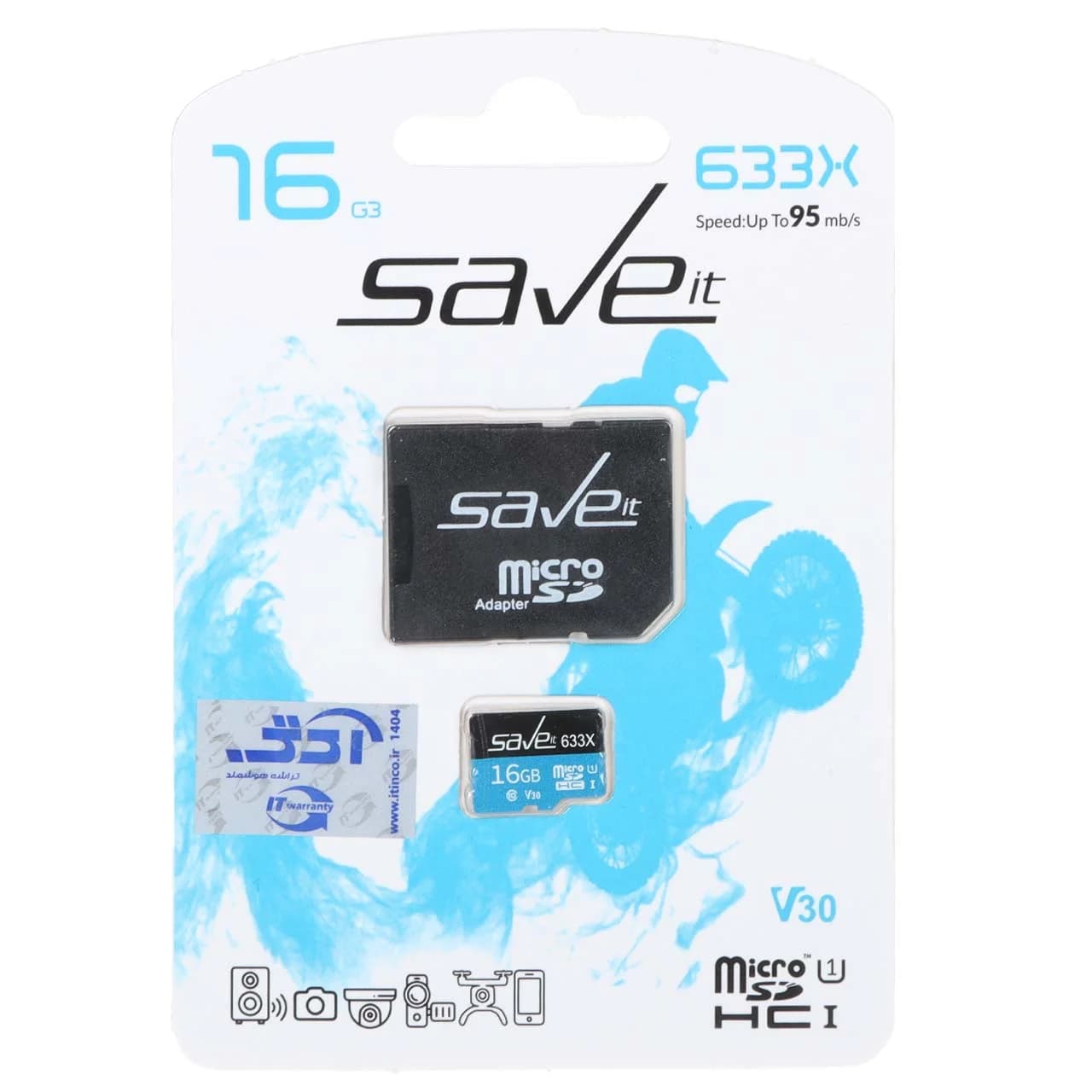 (گارانتی مادام العمر شرکت آی تین) Save it microSDHC & adapter U1 Class 10 633X -95MB/s – 16GB مشکی آبی