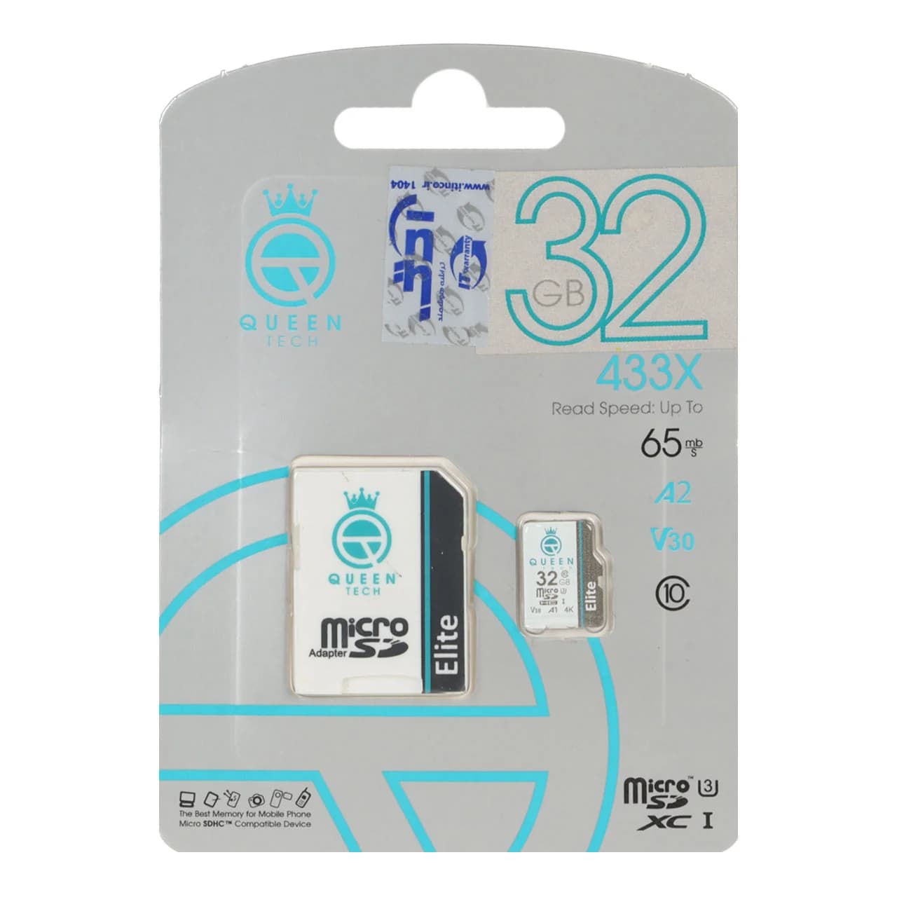 Queen tech microSDHC & adapter U3 Class 10 433X -65MB/s-32GB (گارانتی آی تین) مشکی سفید