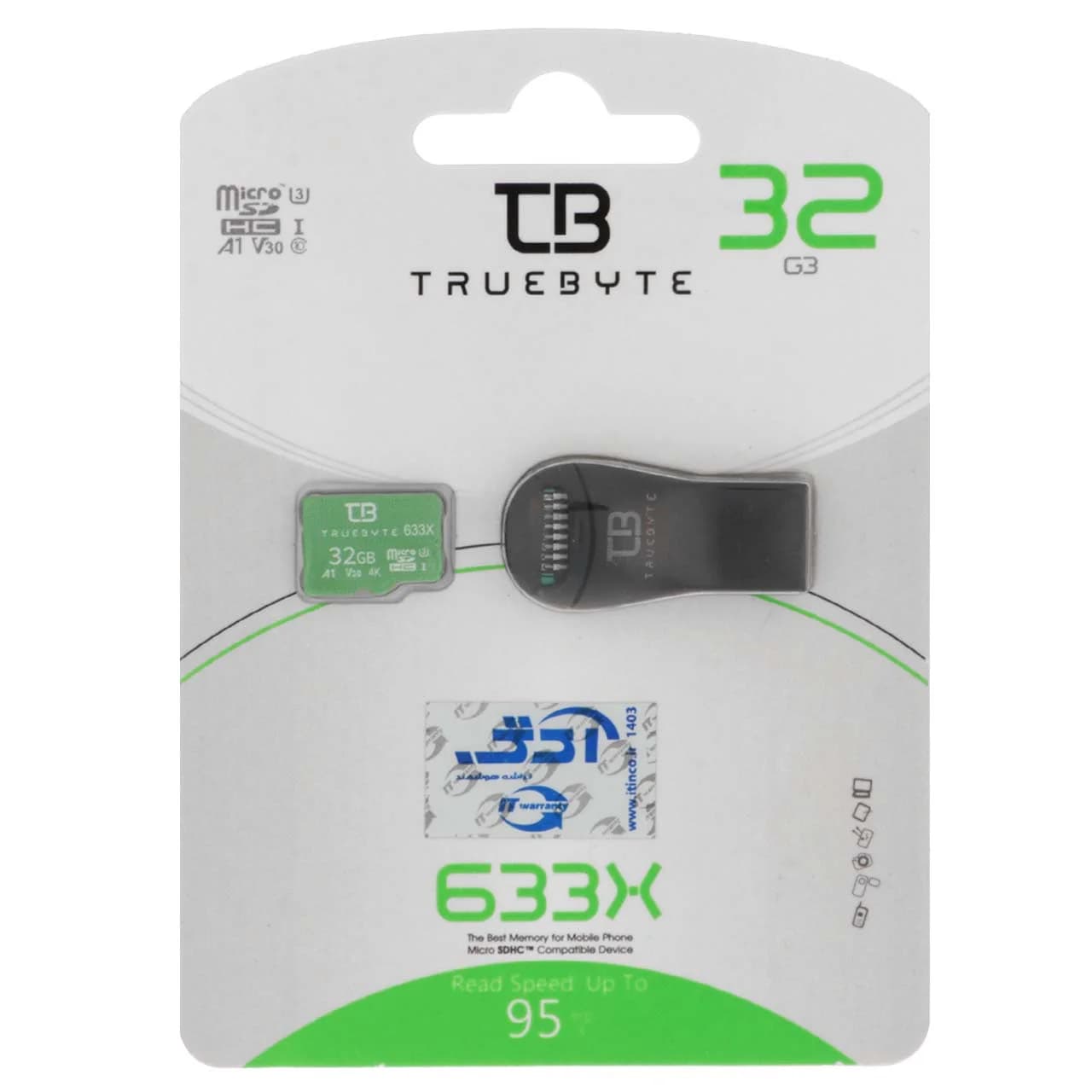 (گارانتی مادام‌العمر شرکت آی تین) TRUEBYTE microSDXC & Card Reader U3 Class 10 633X -95MB/s – 32GB