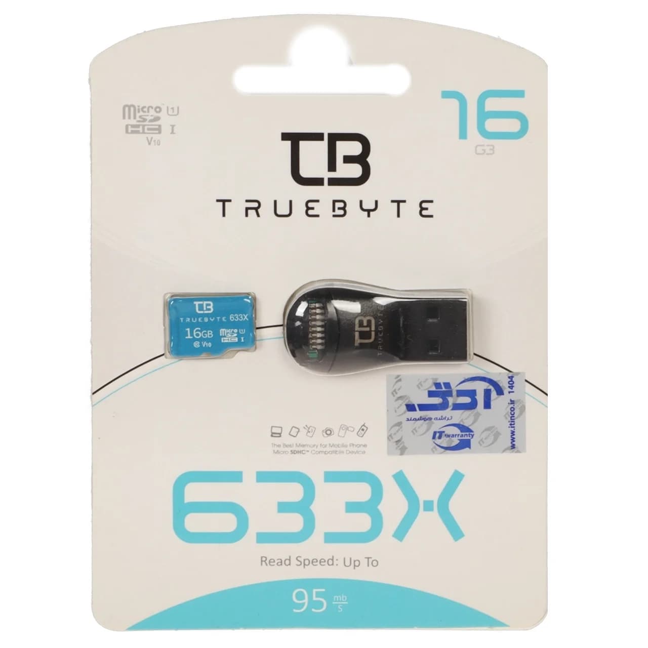 (گارانتی مادام العمر شرکت آی تین) TRUEBYTE microSDXC & Card Reader U1 Class 10 633X -95MB/s – 16GB